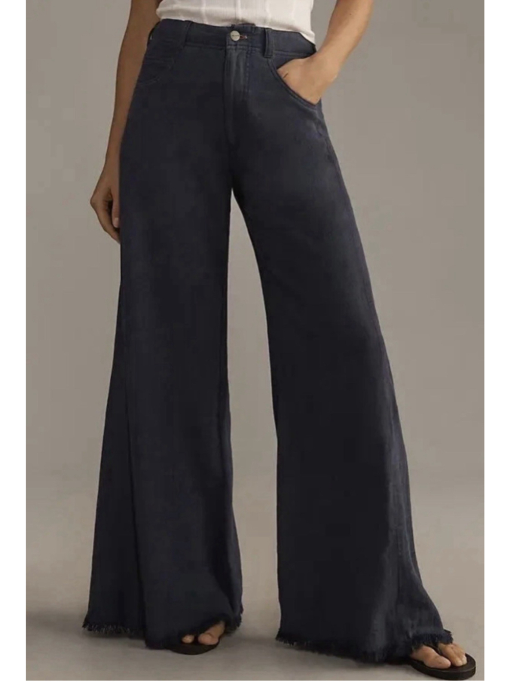 Pilcro Anthropologie Adi Linen Flare Pants Navy Blue Sz 24 Frayed Old Money - Picture 2 of 7
